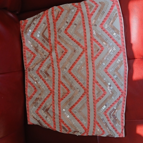 Express Pink/Orange/Cream Stretch Sequin Mini Skirt, lined, M - Picture 2 of 7